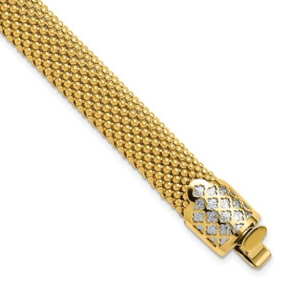 14K Two-tone Polished and Diamond-Cut Popcorn Mesh Bracelet, By Leslies Jewelry. - Picture 1 of 6